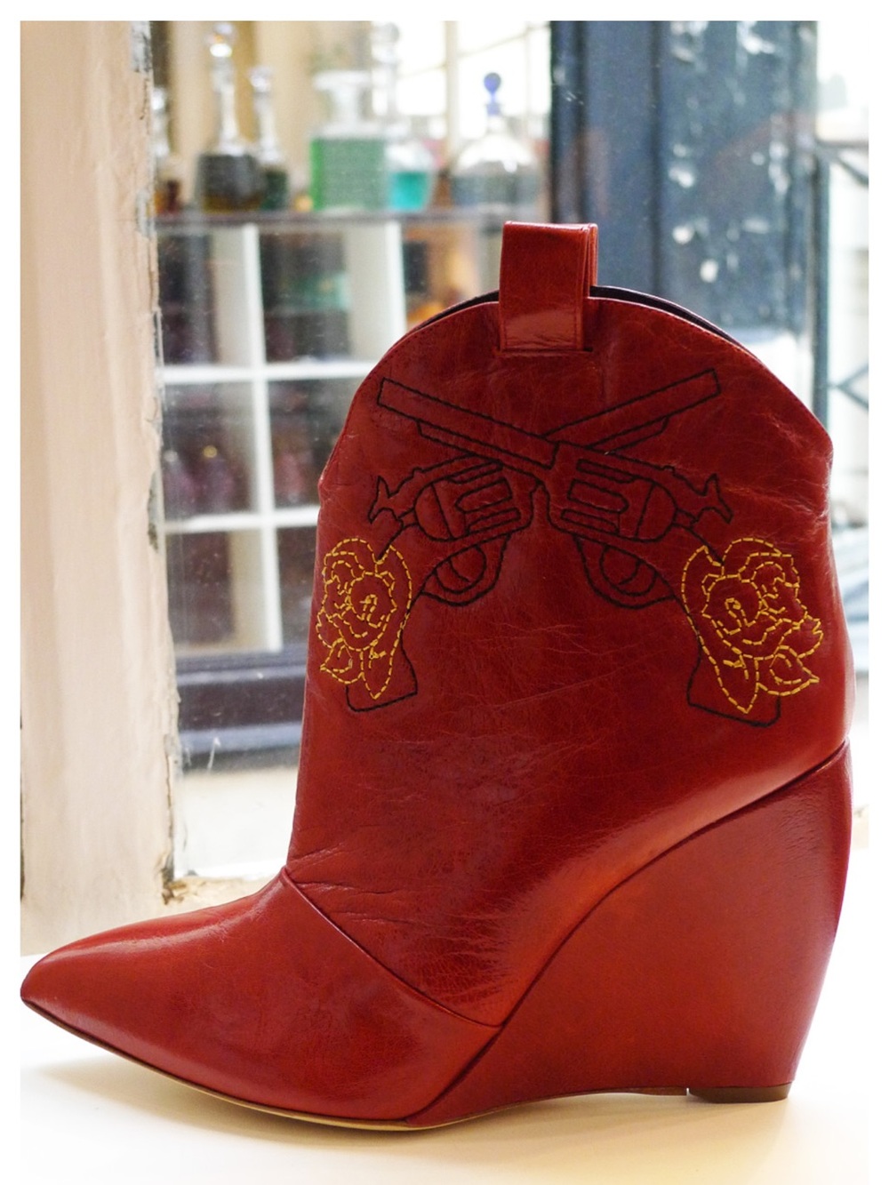 Rupert Sanderson Archival 2012 Red Leather Pistol & Rose Wedge Boots